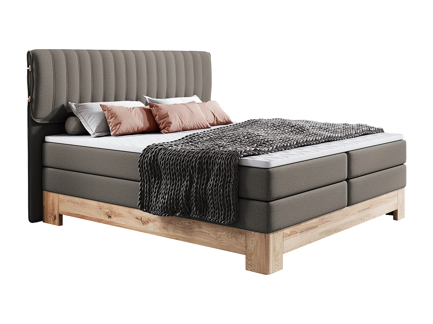 MELIA, Lit rembourré à ressorts ensachés, cadre en chêne, matelas élastique, surface de couchage : 160x200 cm, gris foncé