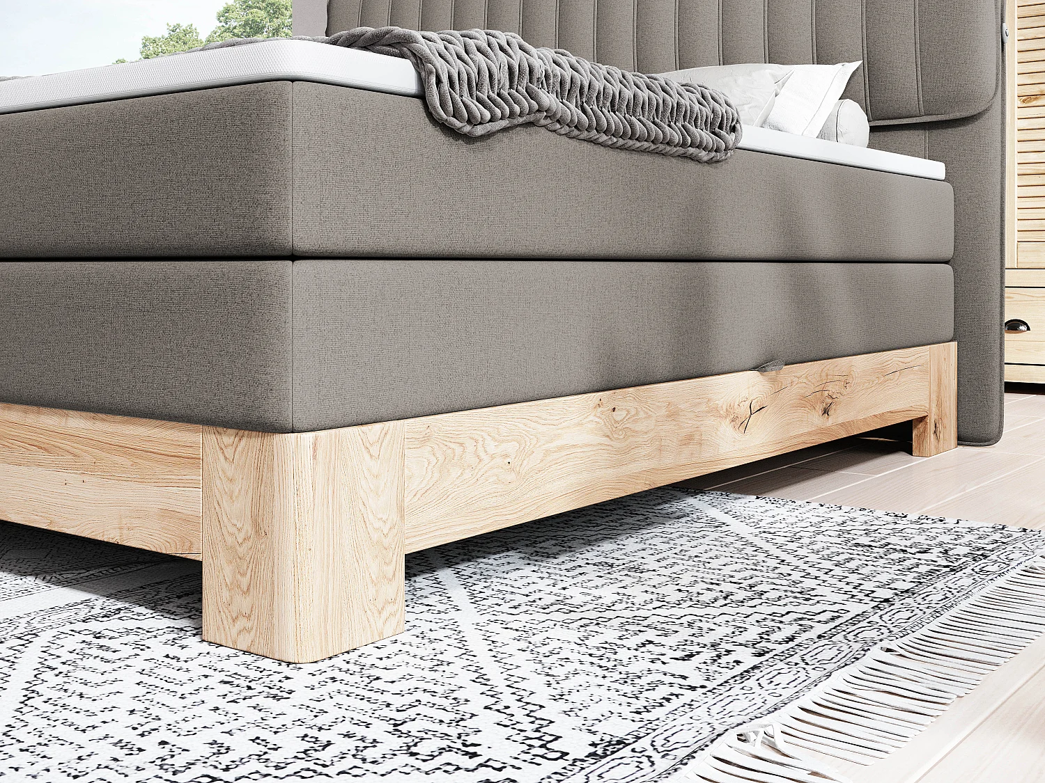 MELIA, Lit rembourré à ressorts ensachés, cadre en chêne, matelas élastique, surface de couchage : 160x200 cm, gris foncé