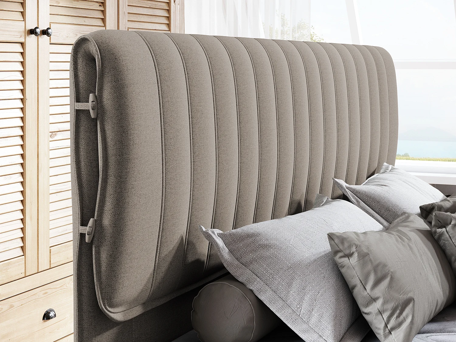 MELIA, Gestoffeerd bed met pocketveren, eiken frame, elastische matras, slaapoppervlak: 140x200 cm, donkergrijs