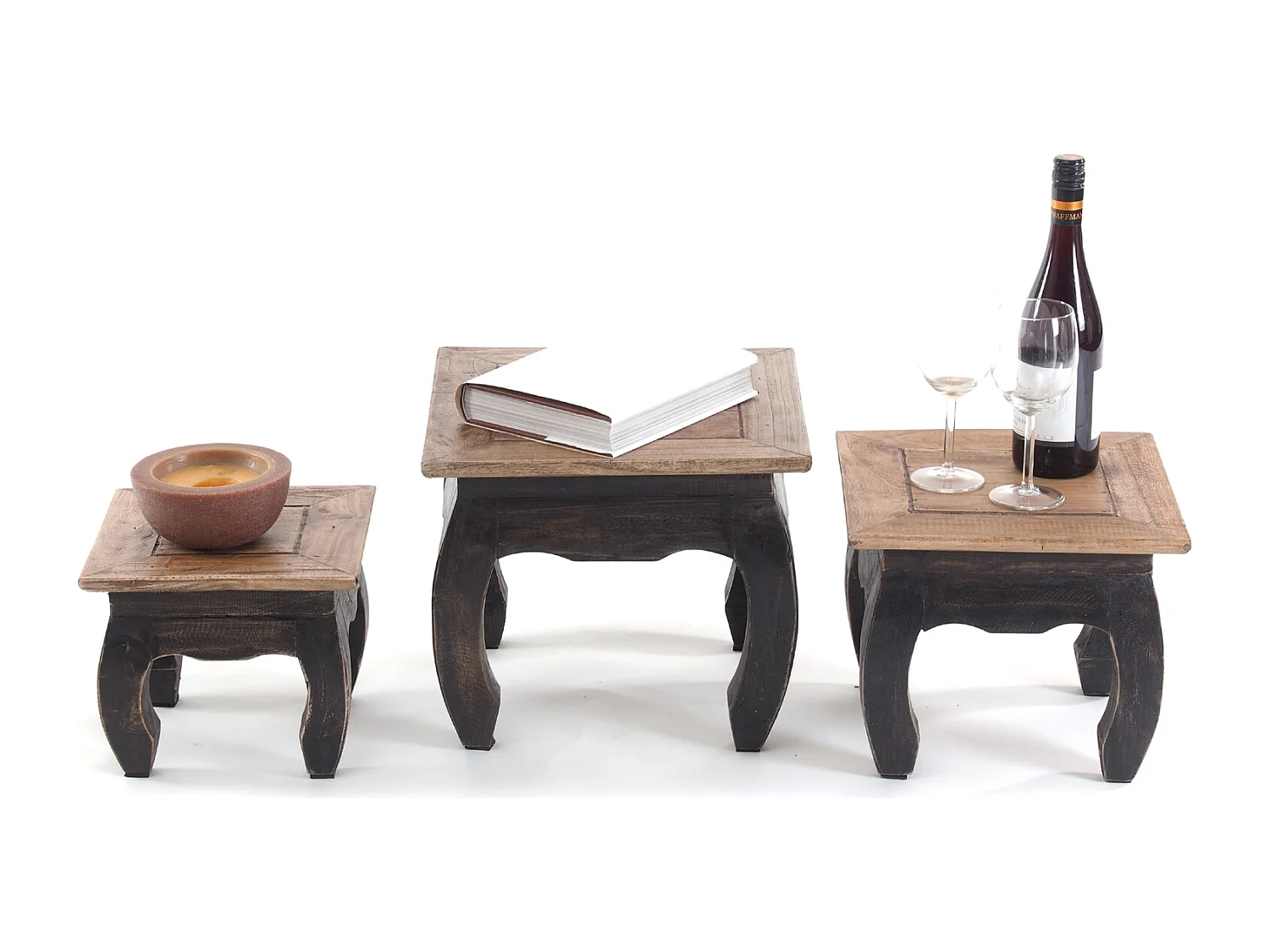 ENSEMBLE DE TABLE À OPIUM EST 3-pièces Bois de recyclage massif, différentes tailles nature noire