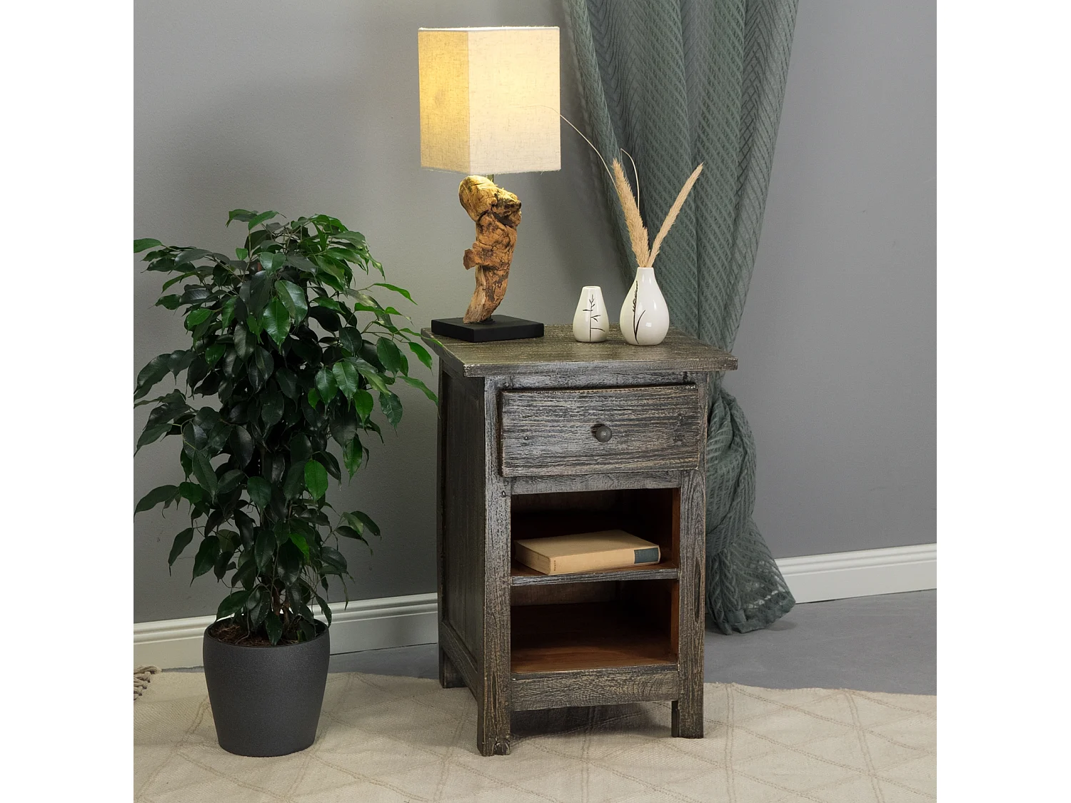 NACHTTISCH Ben Mahagoni Massivholz, mit Schublade und 2 Fächern rustic braun