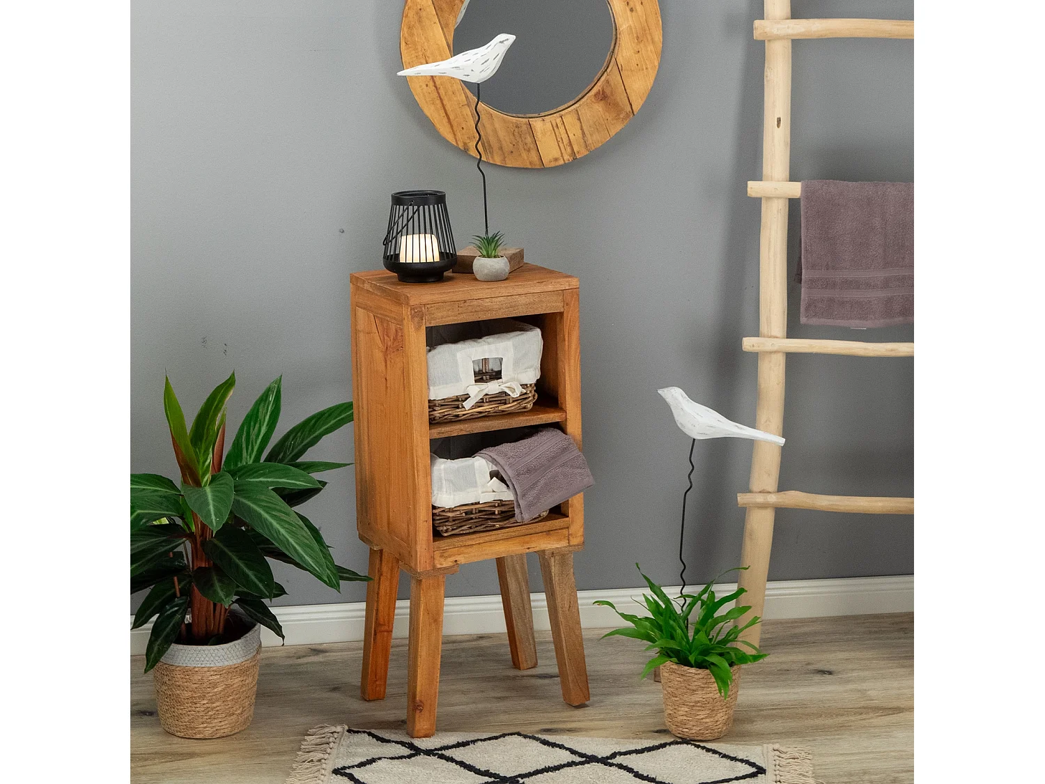 COMMODE Willi Bois massif en acajou, 2 paniers couleurs naturelles