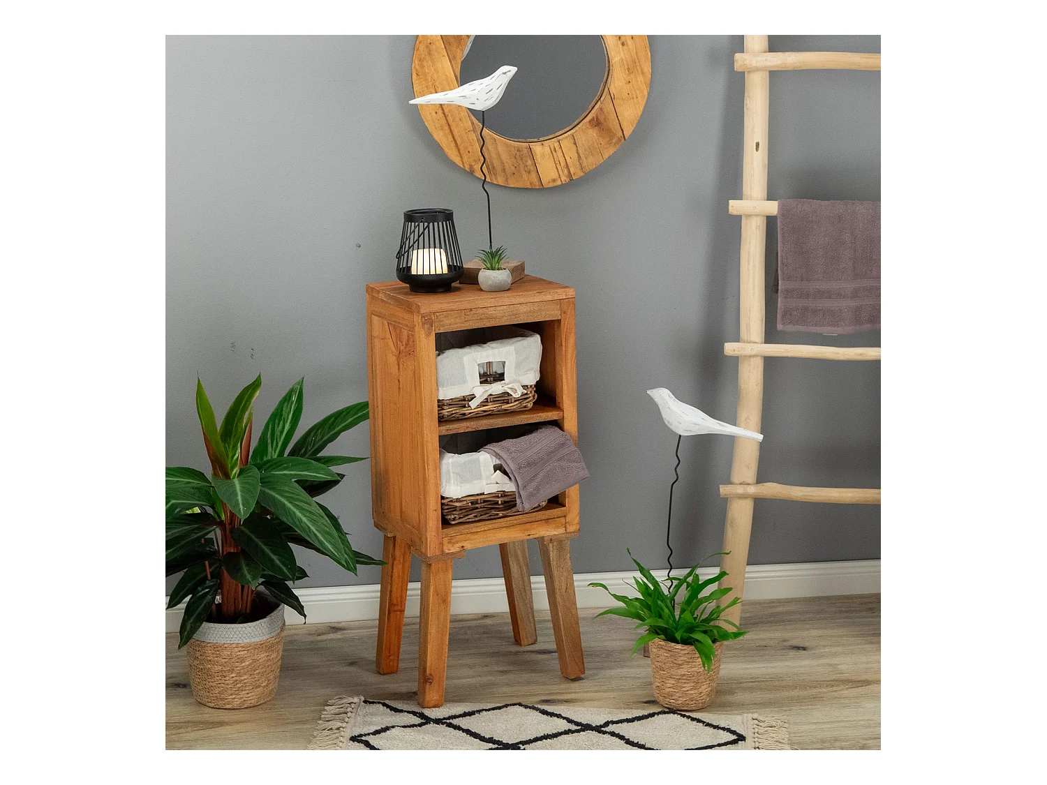 COMMODE Willi Bois massif en acajou, 2 paniers couleurs naturelles