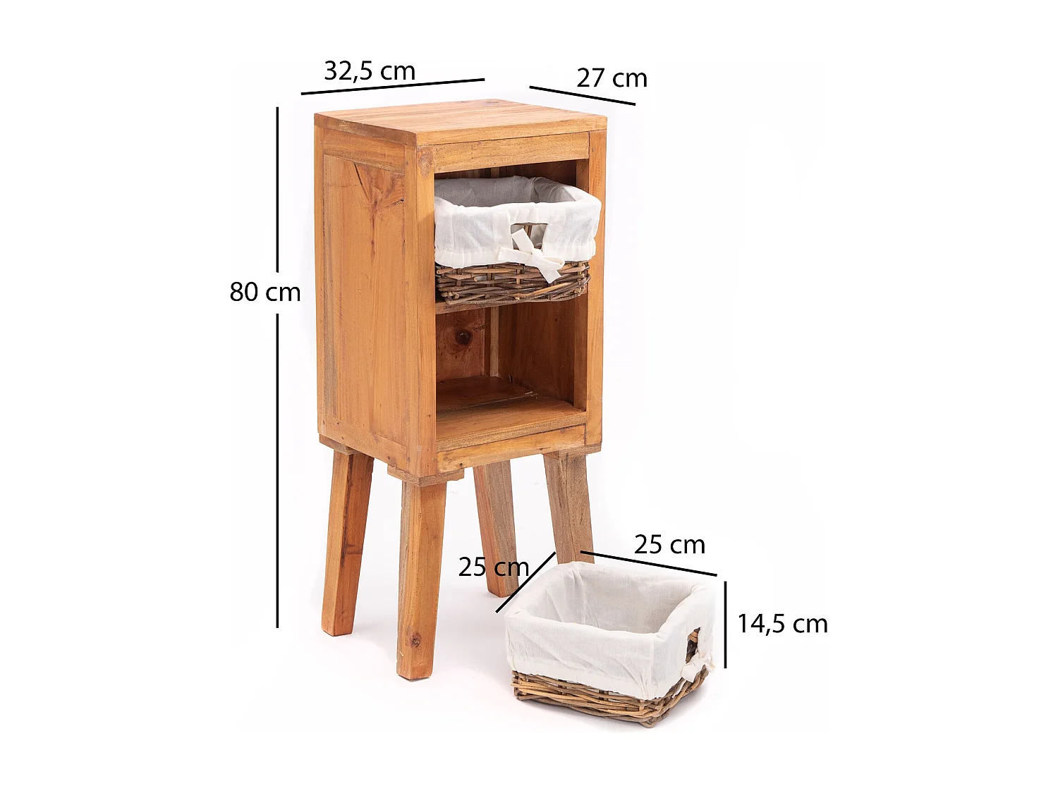 COMMODE Willi Bois massif en acajou, 2 paniers couleurs naturelles