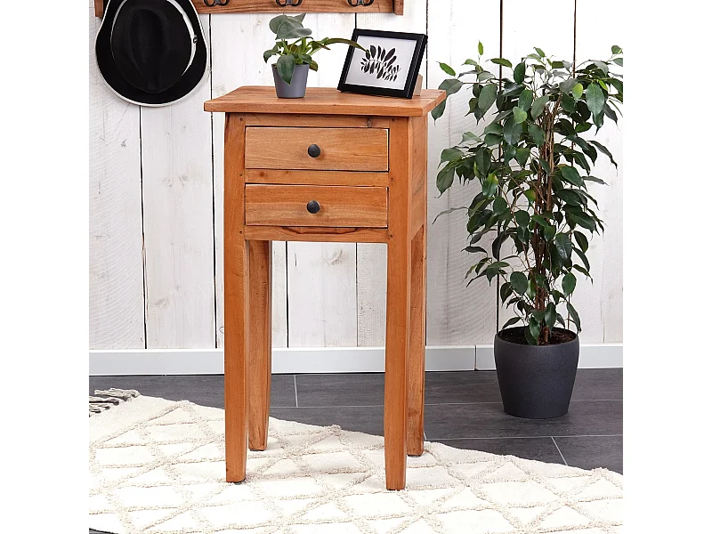 TELEFONTISCH Rika 70 cm, Teak Massivholz,  mit zwei Schubladen braun