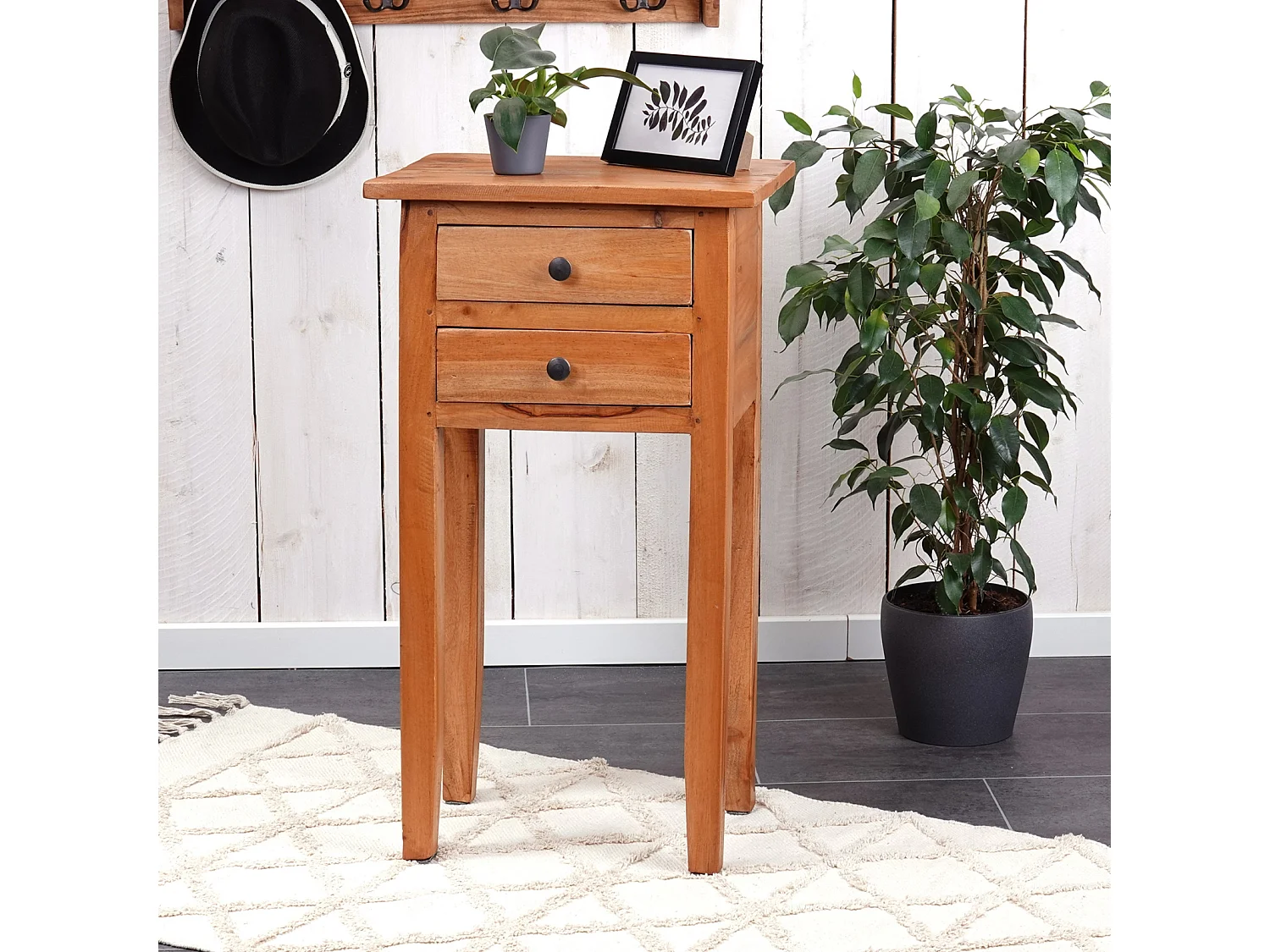 TABLE DE TÉLÉPHONE Rika 70 cm, teck massif, avec deux tiroirs marron