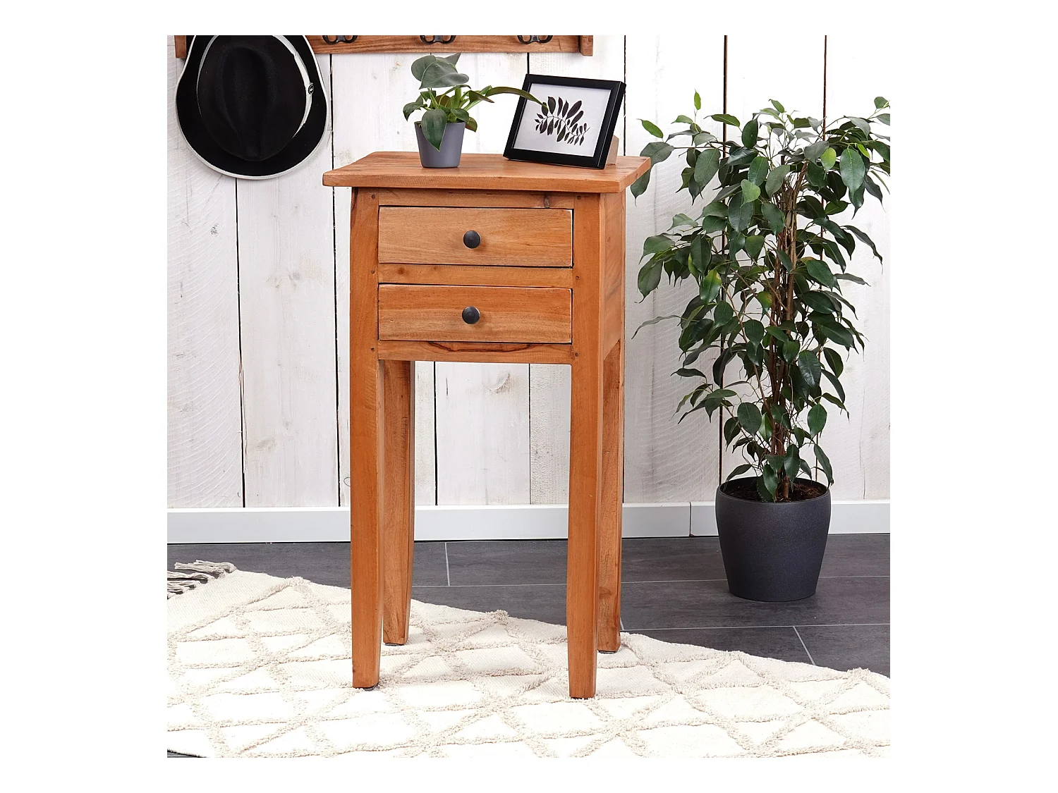 TELEFONTISCH Rika 70 cm, Teak Massivholz,  mit zwei Schubladen braun