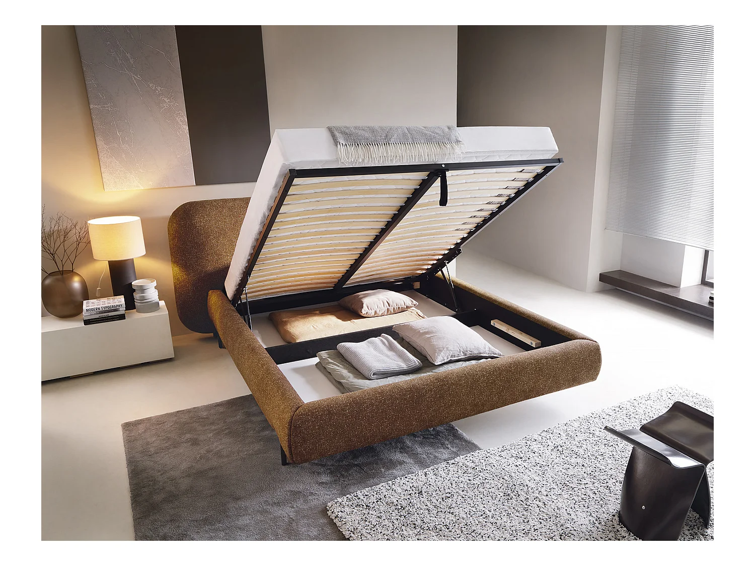 Lit coffre Booby prestige – Velours moderne et rangement optimisé-Couleur Jaune chamoix-160x200