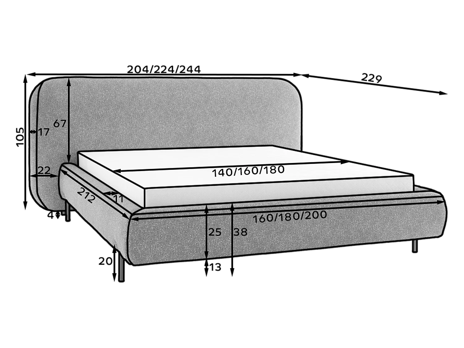 Letto Croft M (160x200)/Tessuto/Antracite