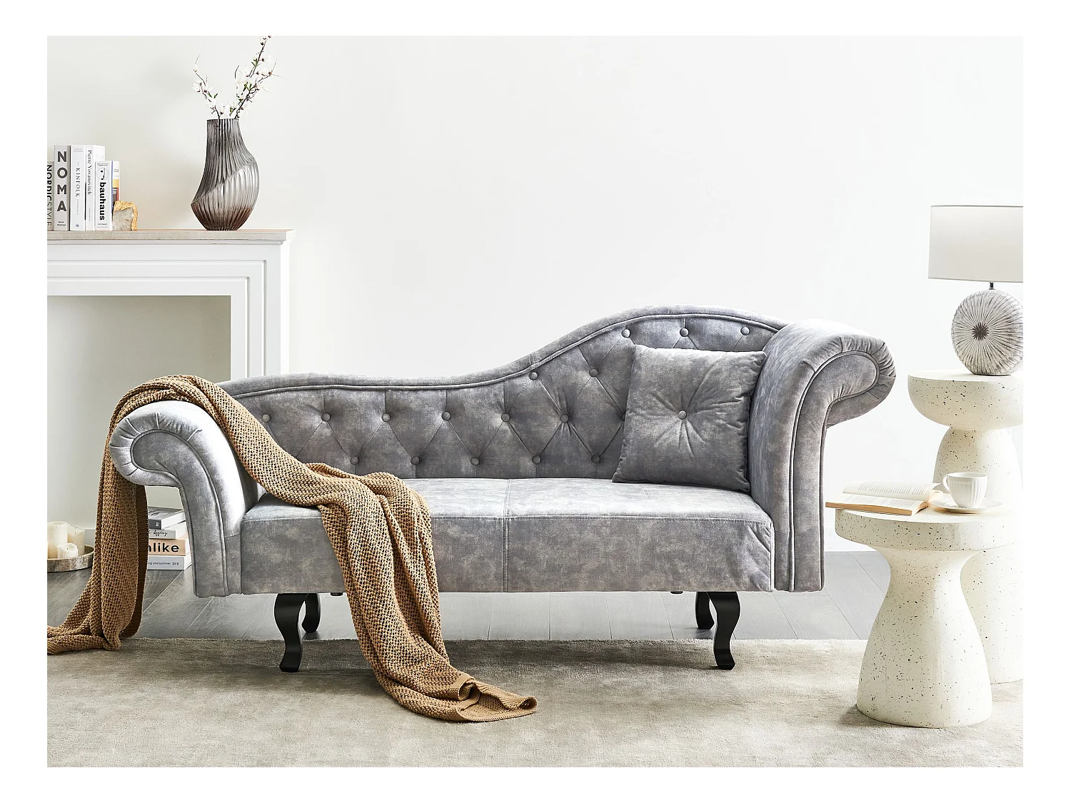 Chaise longue côté droit LATTES Velours Gris avec coussin