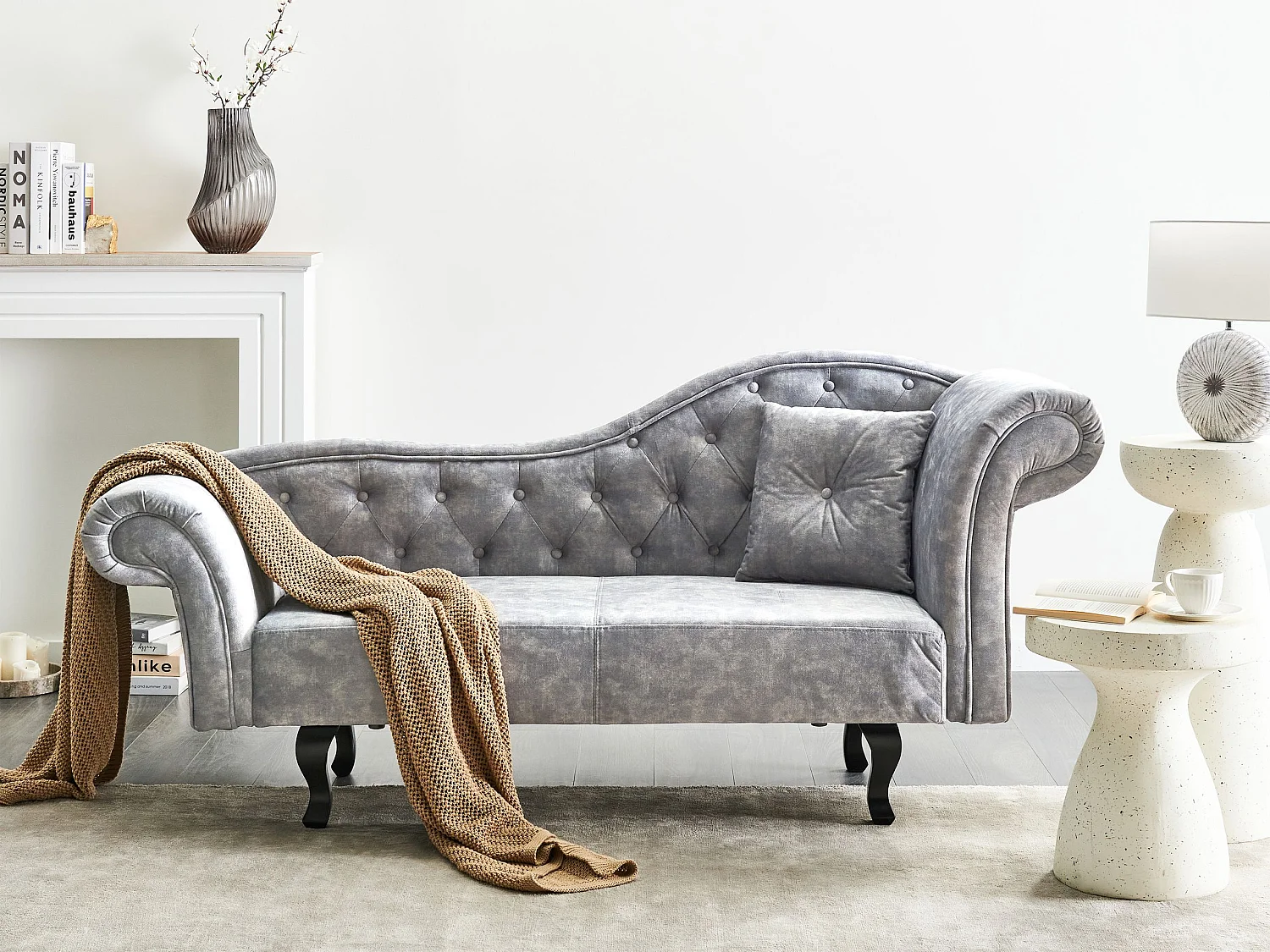 Chaise longue côté droit LATTES II Velours Gris avec coussin