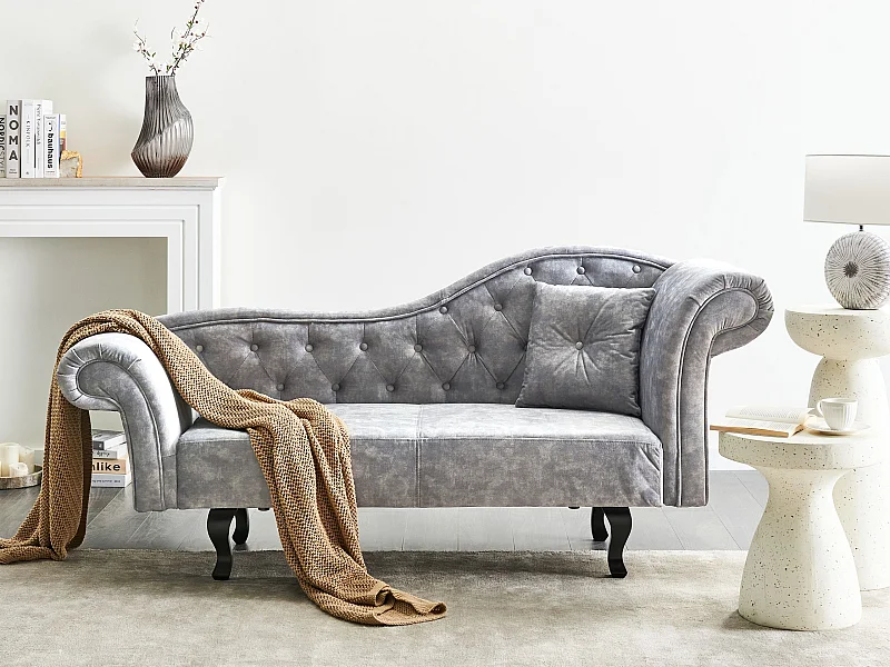 Chaise longue côté droit LATTES Velours Gris avec coussin