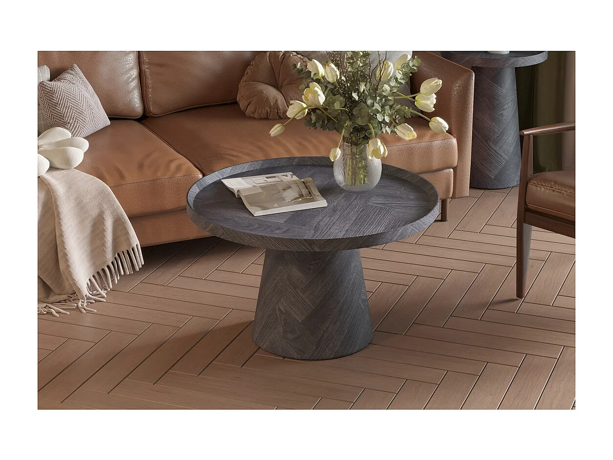 Mesa baja redonda colección CARVELA – Decoración gris oscuro – Borde elevado – D80 x H47 cm