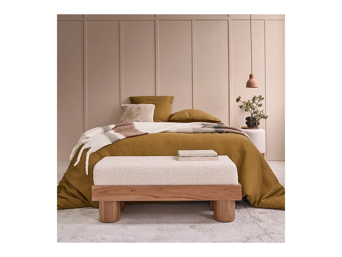 Banco de madera de teca maciza y tela de rizo 100 cm