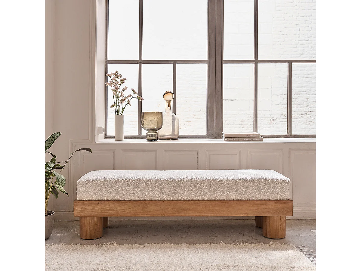 Banco de madera de teca maciza y tela de rizo 140 cm
