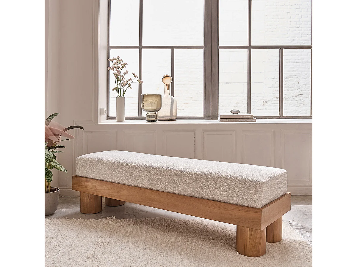 Banco de madera de teca maciza y tela de rizo 140 cm