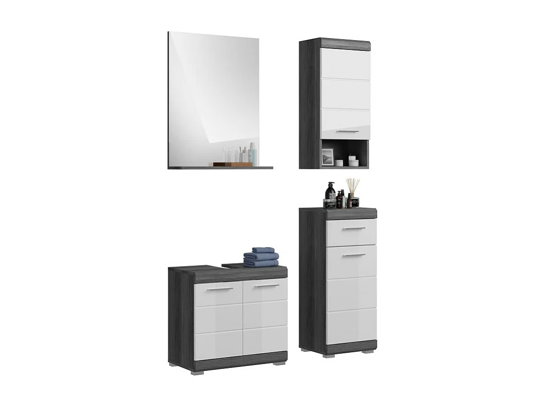 Ensemble salle de bain SCOTT – Meuble sous vasque, miroir et 2 demi-colonnes – Gris foncé et blanc