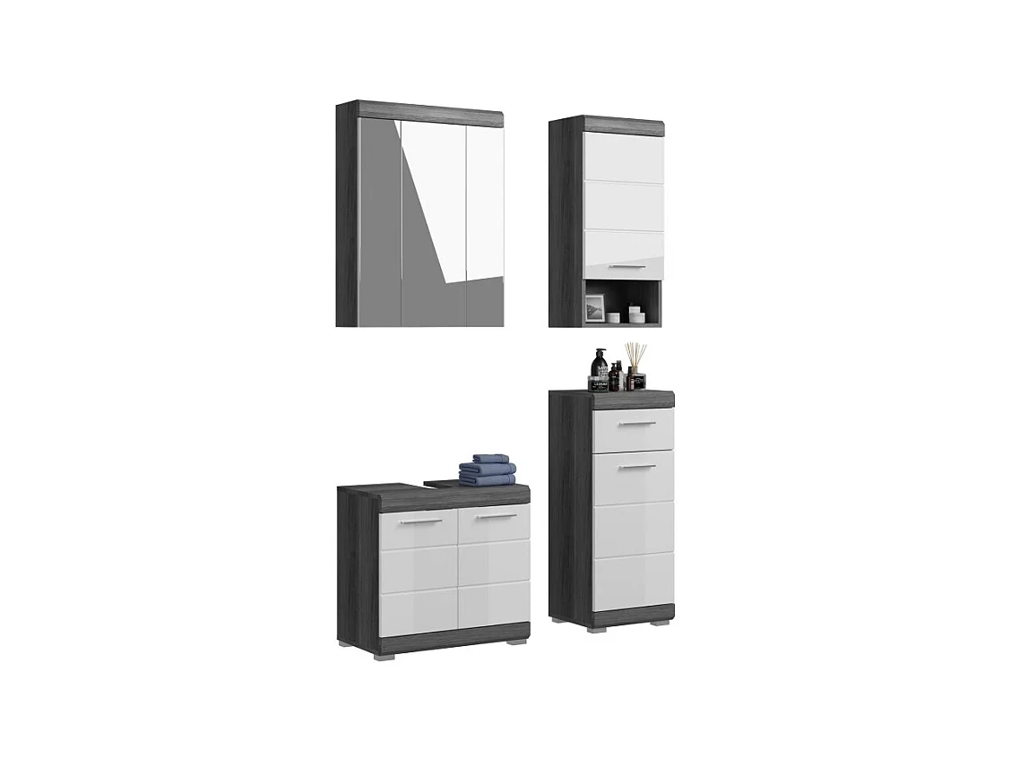 Ensemble salle de bain SCOTT – Meuble sous vasque, meuble de rangement avec miroir et 2 demi-colonnes – Gris foncé et blanc