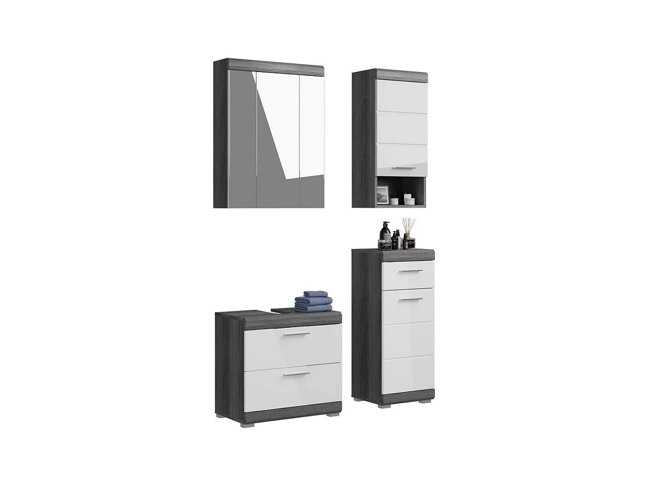 Badezimmer-Set SCOTT – Waschbeckenunterschrank, Hochschrank und Spiegel mit Stauraum