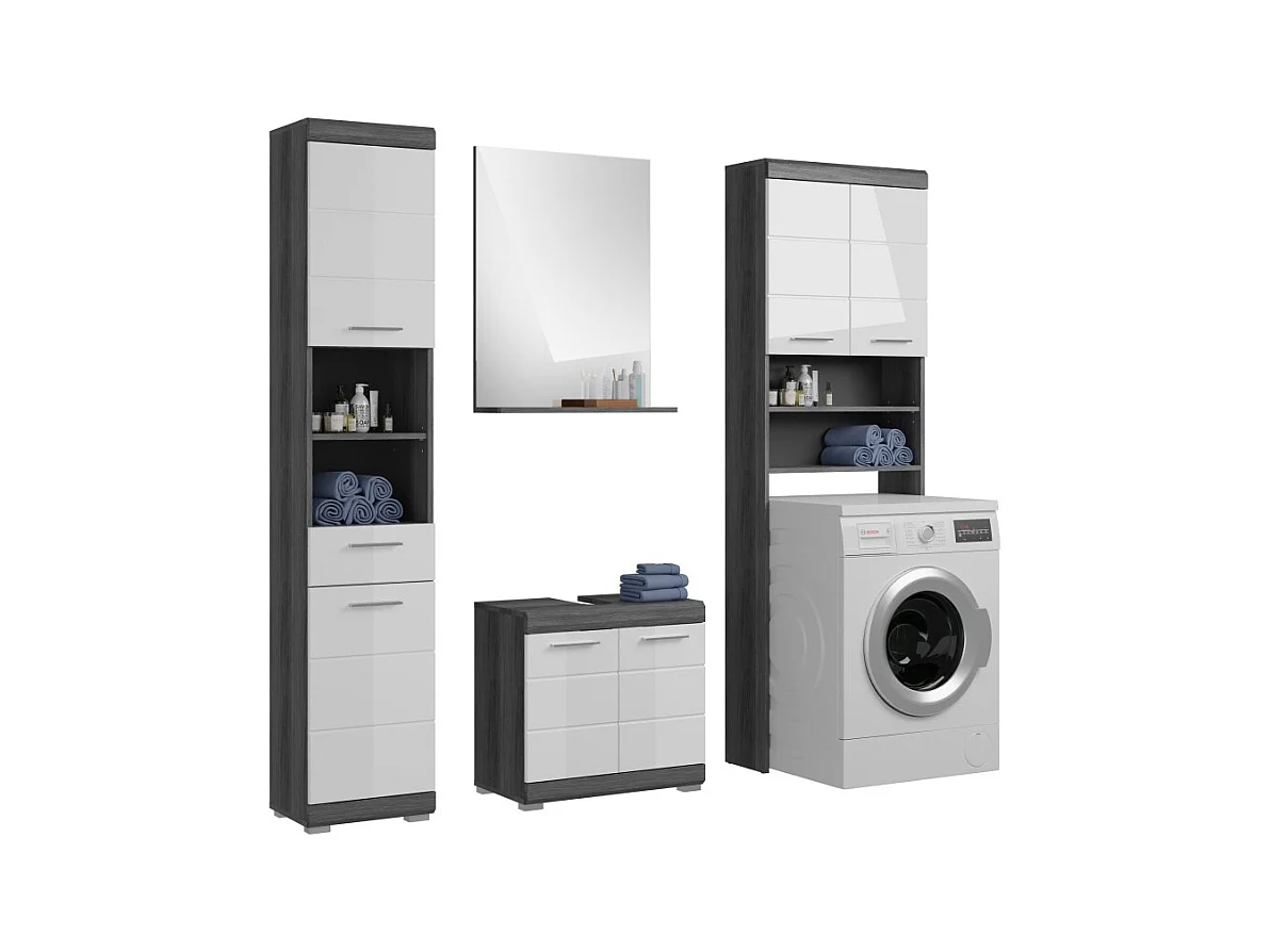 Ensemble salle de bain SCOTT – Meuble sous vasque, colonne, rangement miroir et meuble de rangement – Gris foncé et blanc
