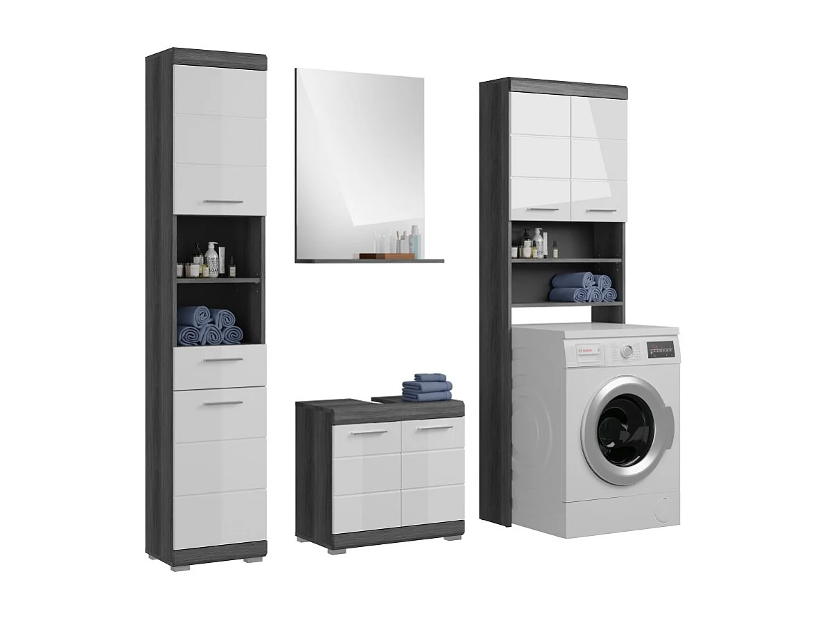 Conjunto de baño SCOTT – Mueble bajo lavabo, columna, espejo con almacenamiento y mueble de almacenamiento – Gris oscuro y blanco