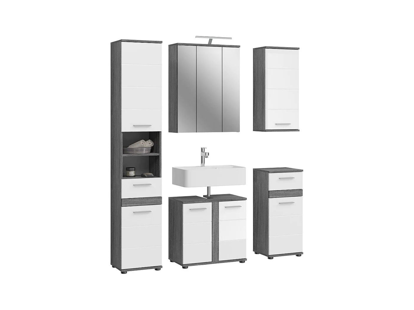 Ensemble de meubles de salle de bain WILLIAM – Gris foncé et blanc – 164x191x34 cm – Avec LED