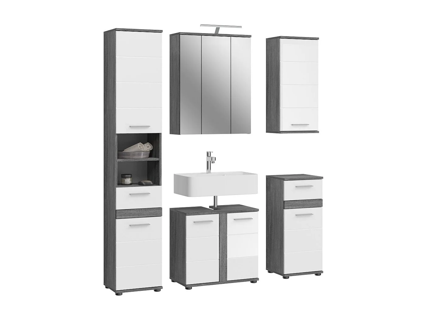 Ensemble de meubles de salle de bain WILLIAM – Gris foncé et blanc – 164x191x34 cm – Avec LED