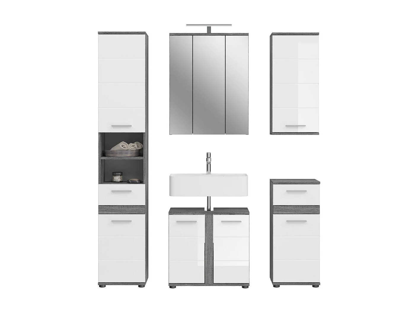 Ensemble de meubles de salle de bain WILLIAM – Gris foncé et blanc – 164x191x34 cm – Avec LED