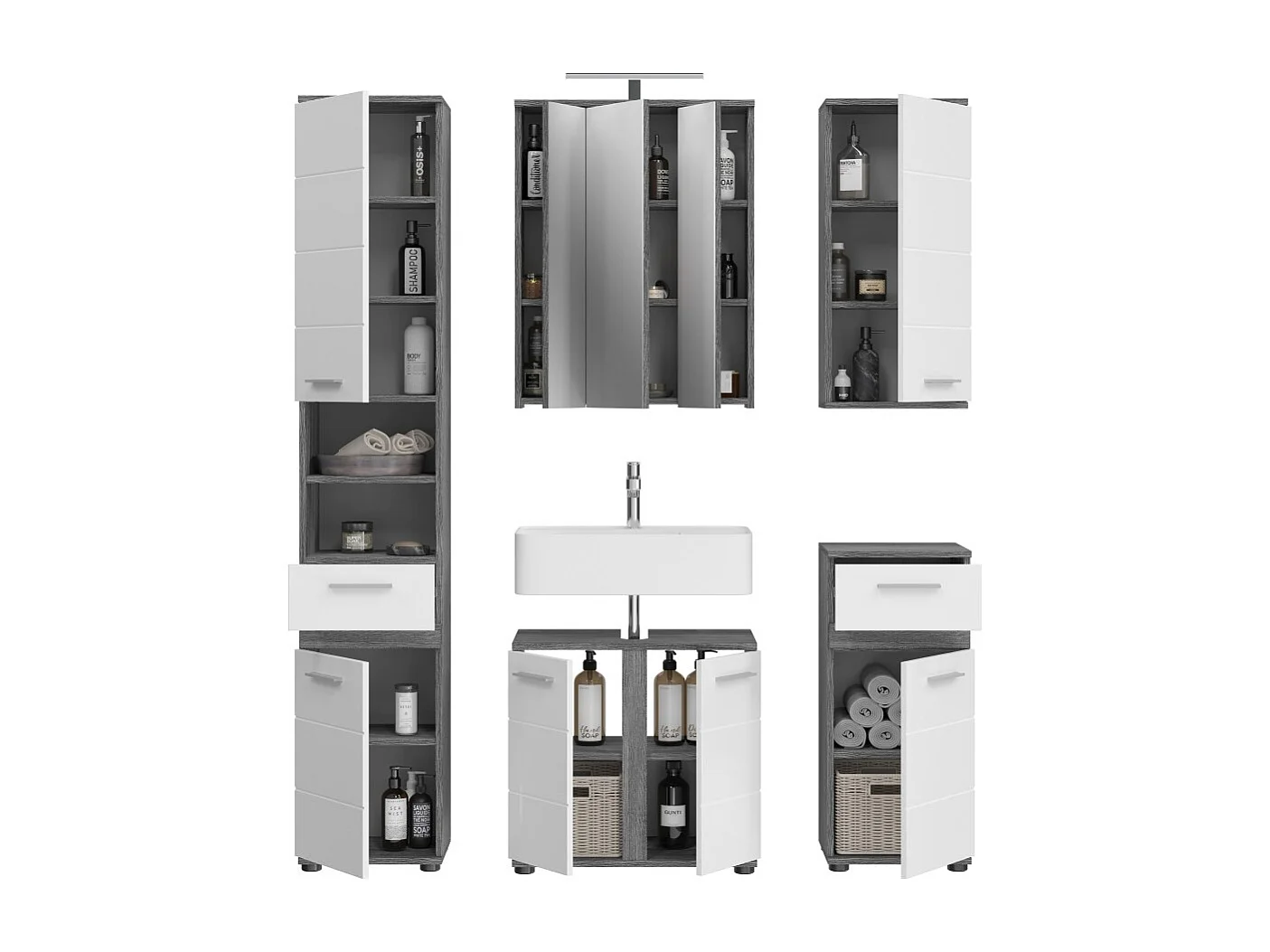 Ensemble de meubles de salle de bain WILLIAM – Gris foncé et blanc – 164x191x34 cm – Avec LED