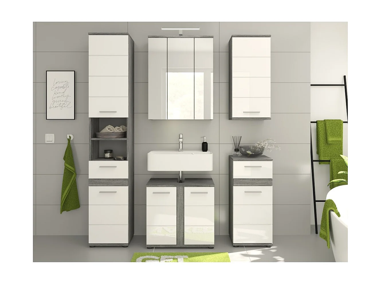 Ensemble de meubles de salle de bain WILLIAM – Gris foncé et blanc – 164x191x34 cm – Avec LED