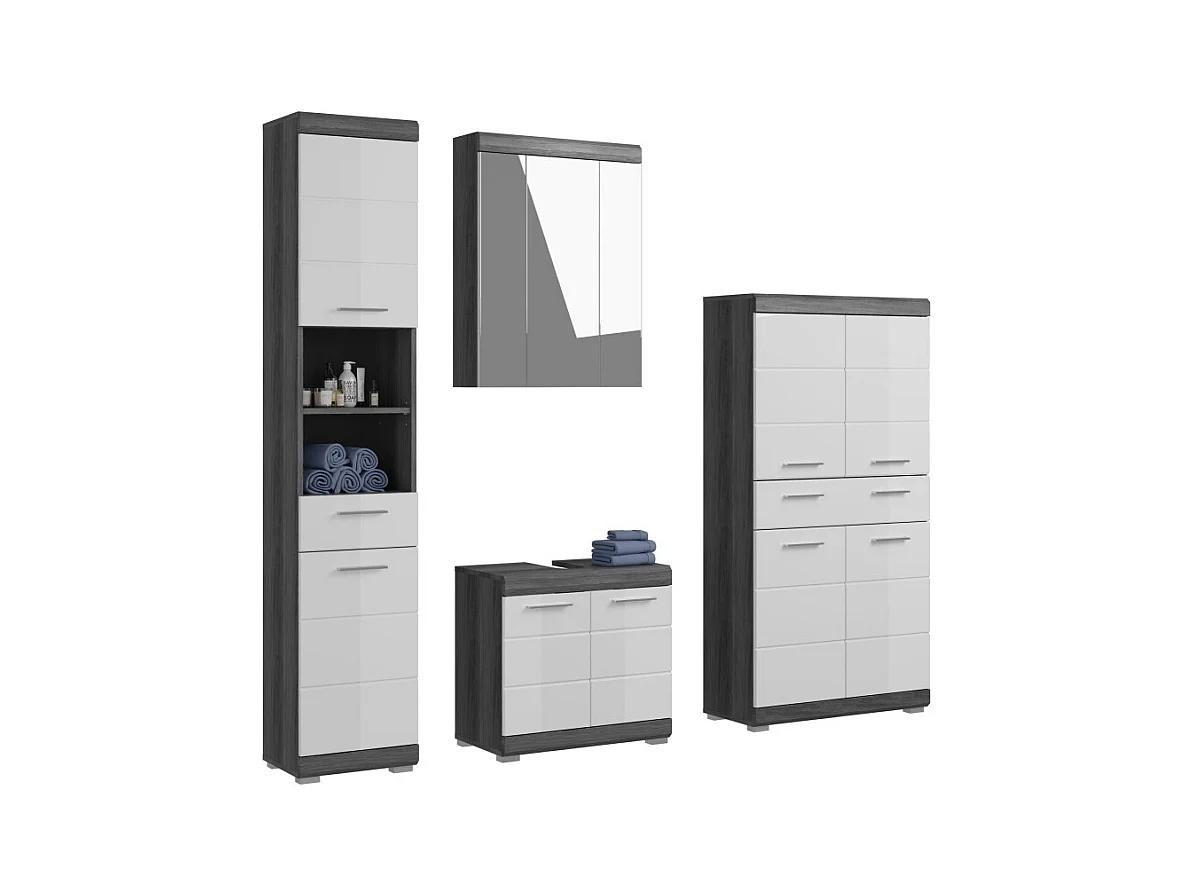 Ensemble salle de bain SCOTT – Meuble sous vasque, colonne, rangement miroir et meuble de rangement – Gris foncé et blanc