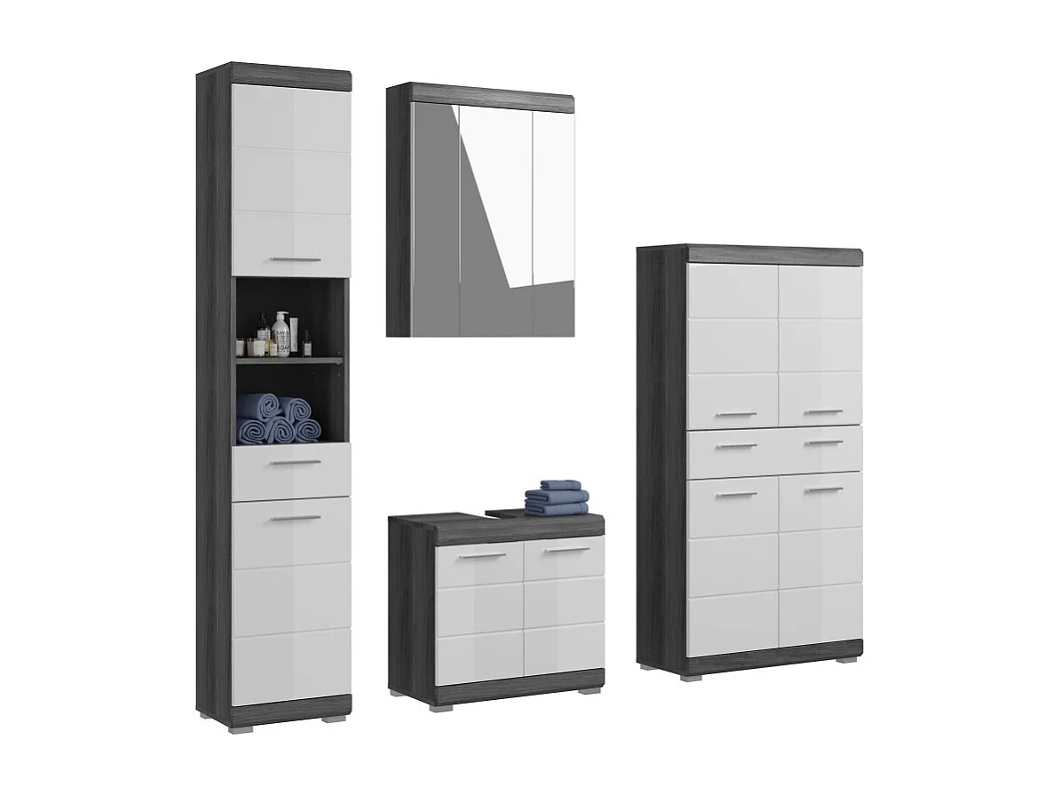 Ensemble salle de bain SCOTT – Meuble sous vasque, colonne, rangement miroir et meuble de rangement – Gris foncé et blanc