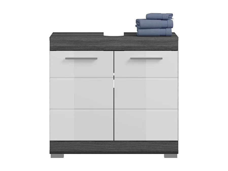 Ensemble salle de bain SCOTT – Meuble sous vasque, colonne, rangement miroir et meuble de rangement – Gris foncé et blanc