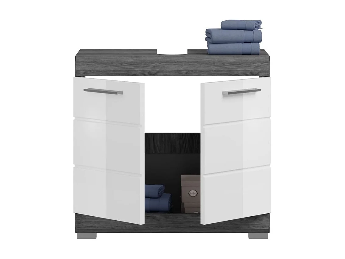 Ensemble salle de bain SCOTT – Meuble sous vasque, colonne, rangement miroir et meuble de rangement – Gris foncé et blanc