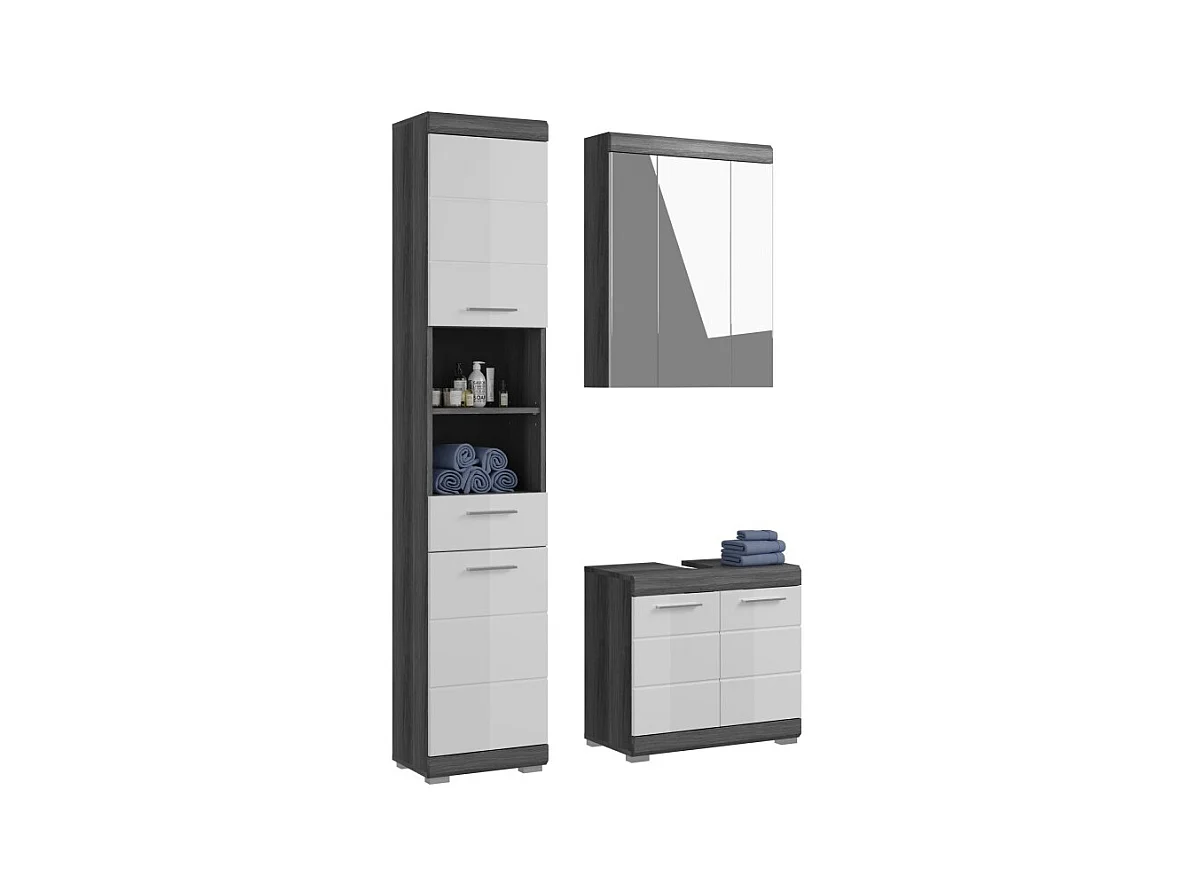 Ensemble salle de bain SCOTT – Meuble sous vasque, meuble de rangement avec miroir et colonne – Gris foncé et blanc