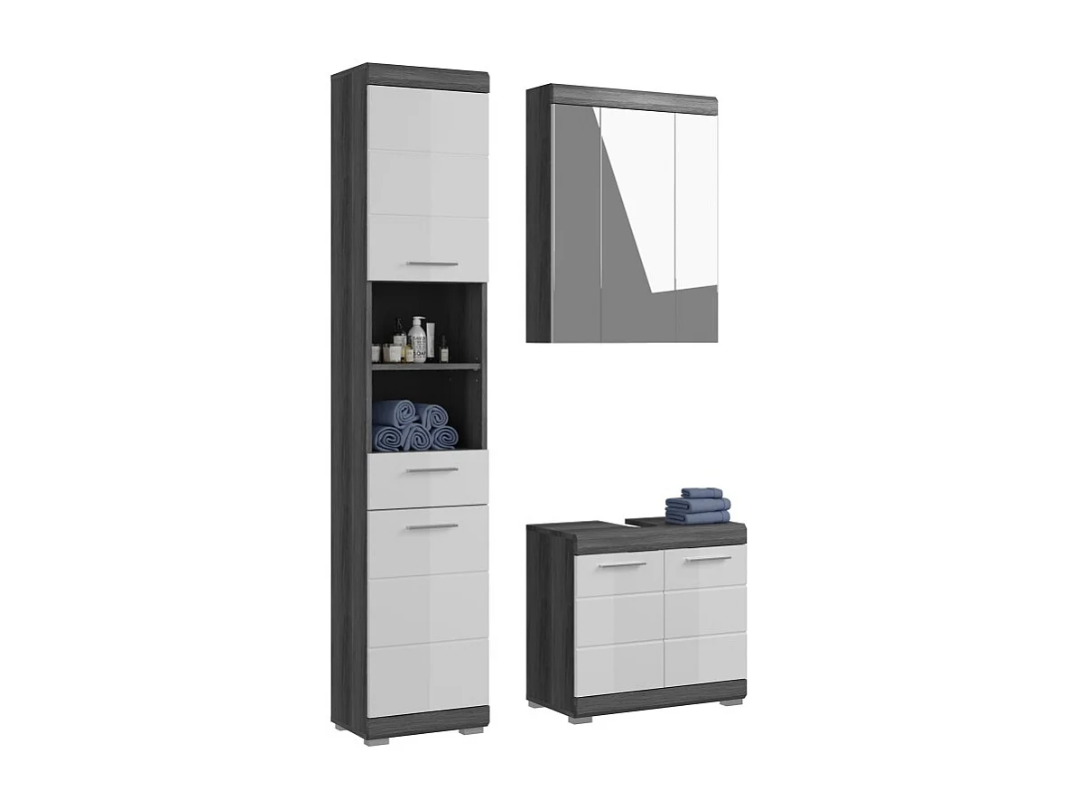 Badkamerset SCOTT - Wastafelmeubel, opbergmeubel met spiegel en kolomkast - Donkergrijs en wit