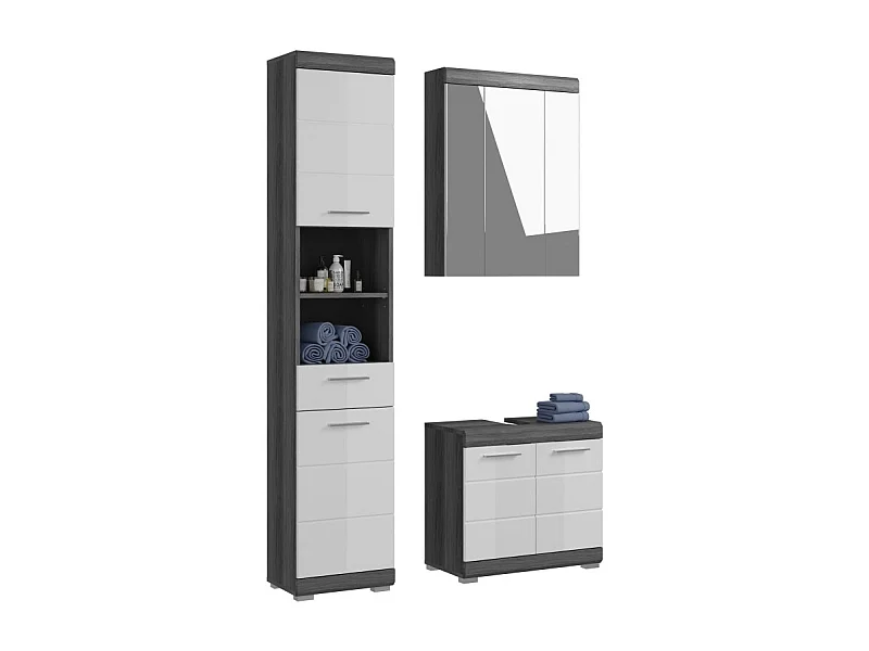 Badkamerset SCOTT - Wastafelmeubel, opbergmeubel met spiegel en kolomkast - Donkergrijs en wit
