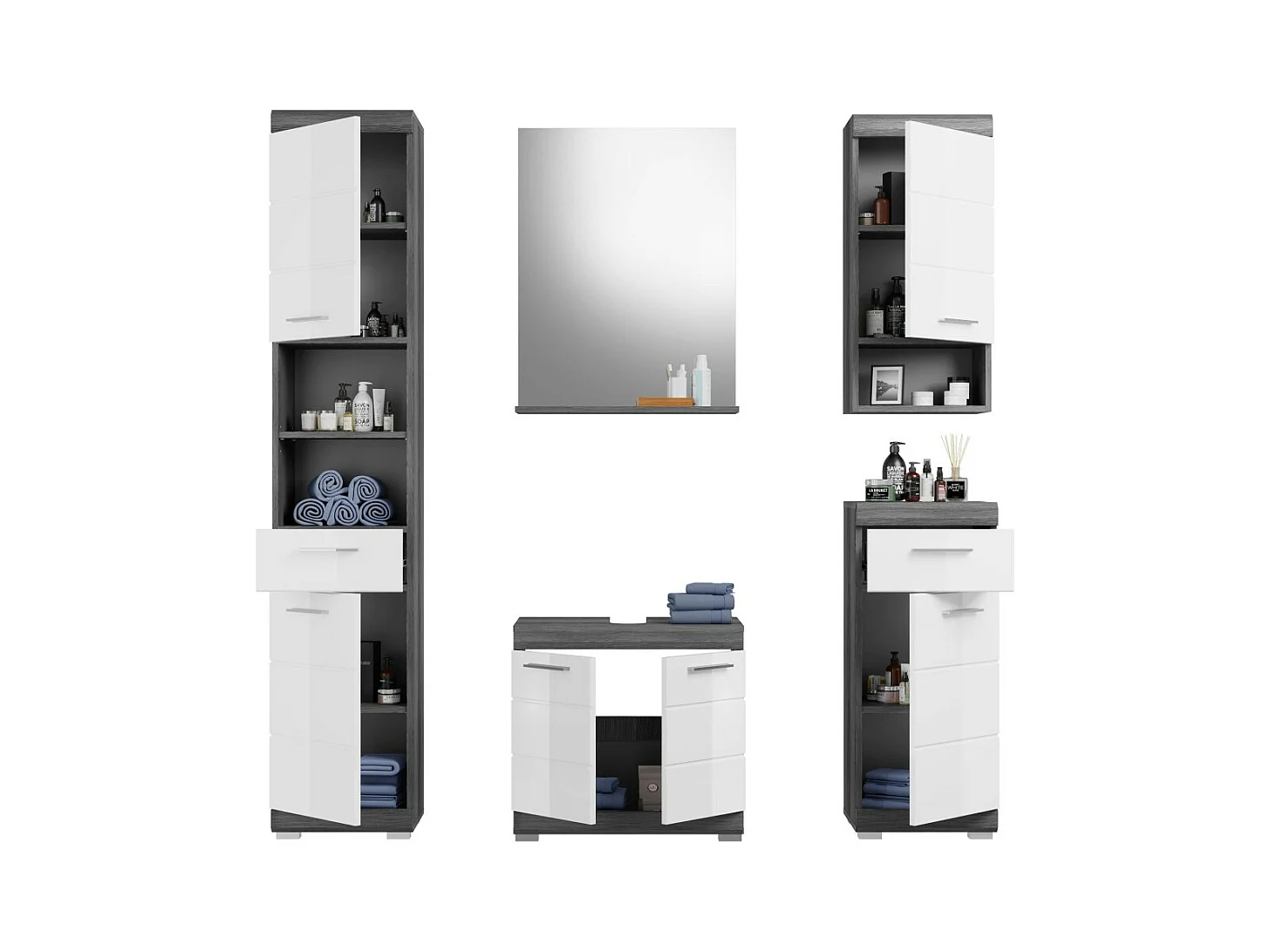 Ensemble salle de bain SCOTT – Meuble sous vasque, miroir, colonne et 2 demi-colonnes – Gris foncé et blanc