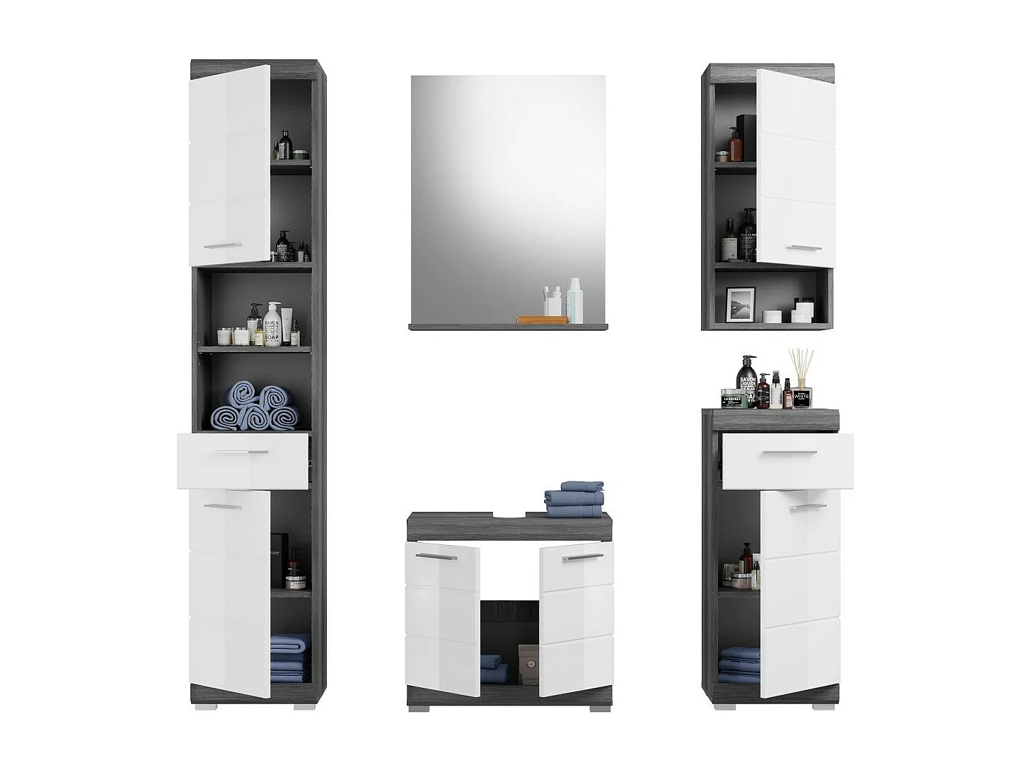 Badkamerset SCOTT – Onderbouwkast, spiegel, kolomkast en 2 halfhoge kolomkasten – Donkergrijs en wit
