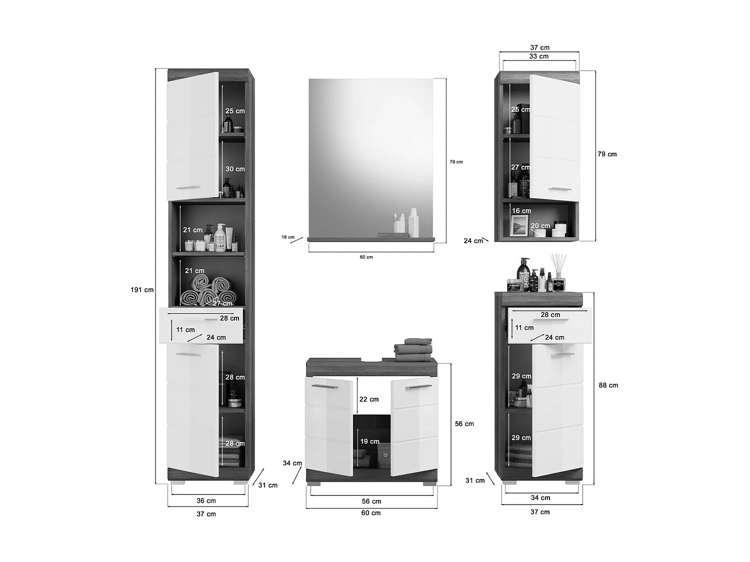Badkamerset SCOTT – Onderbouwkast, spiegel, kolomkast en 2 halfhoge kolomkasten – Donkergrijs en wit