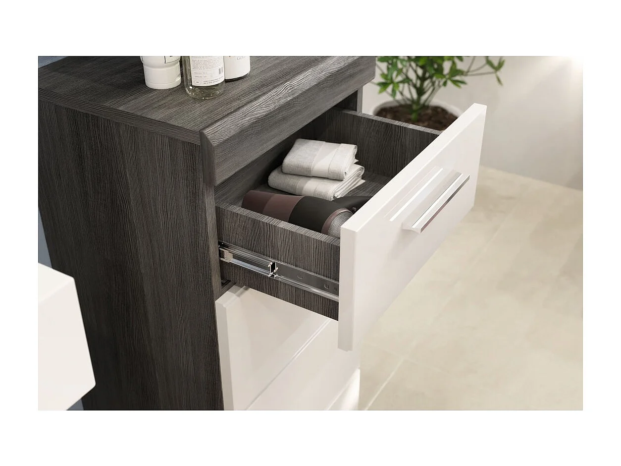 Badkamerset SCOTT – Onderbouwkast, spiegel, kolomkast en 2 halfhoge kolomkasten – Donkergrijs en wit