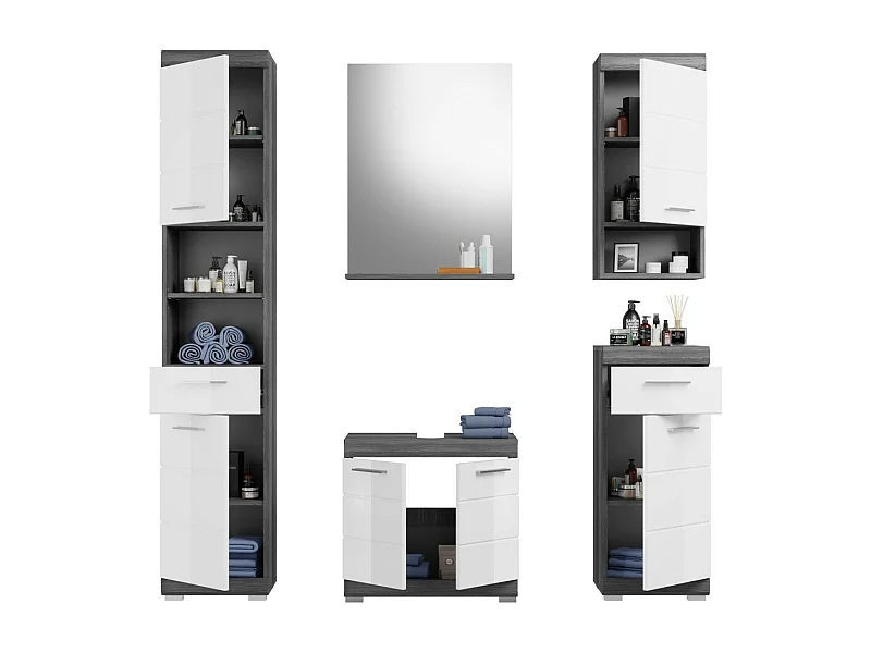 Badkamerset SCOTT – Onderbouwkast, spiegel, kolomkast en 2 halfhoge kolomkasten – Donkergrijs en wit