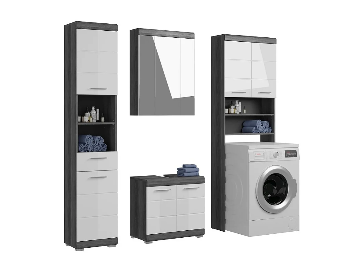 Ensemble salle de bain SCOTT – Meuble sous vasque, colonne, rangement miroir et meuble machine à laver – Gris foncé et blanc