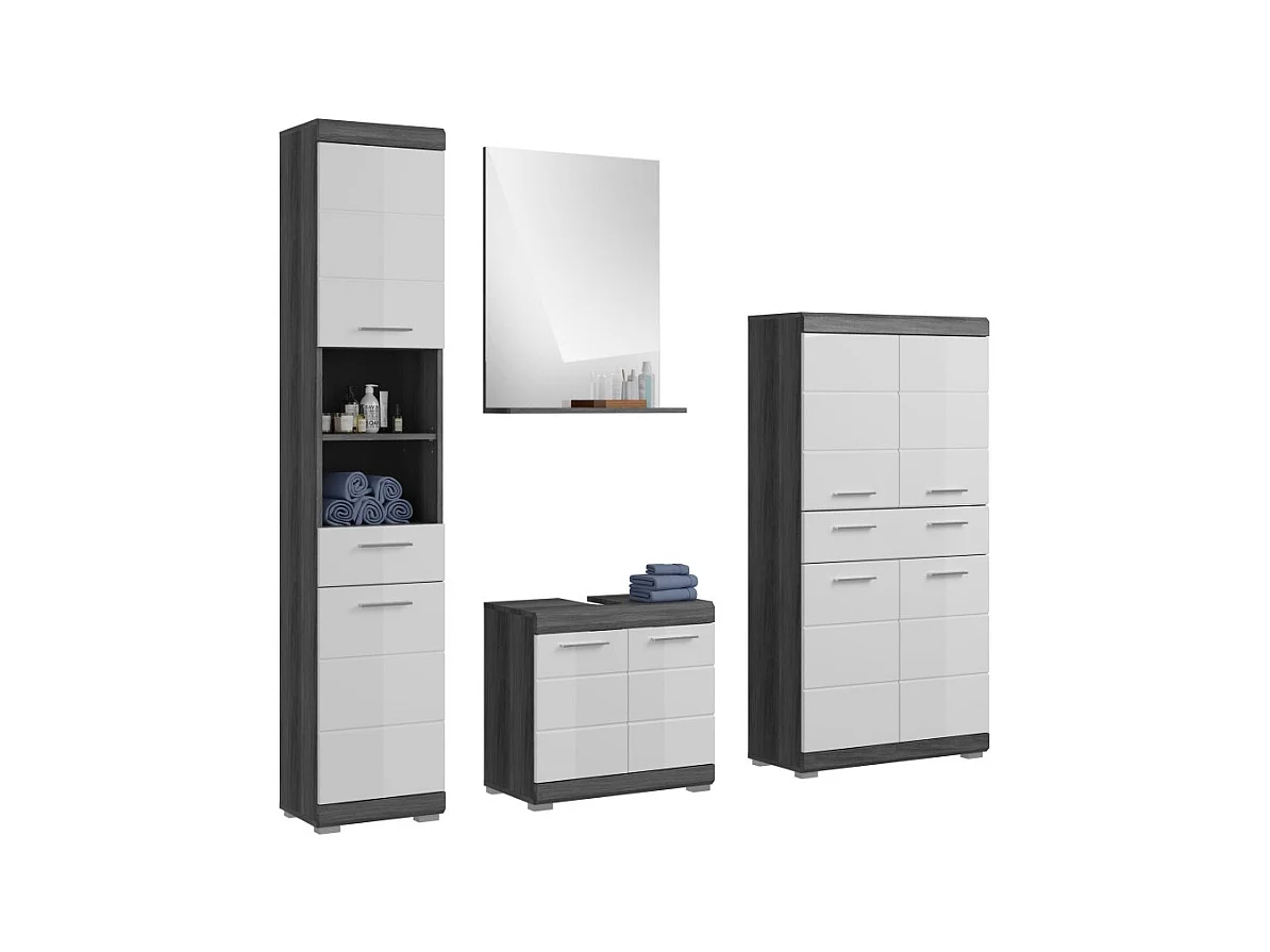 Ensemble salle de bain SCOTT – Meuble sous vasque, miroir, meuble de rangement et colonne – Gris foncé et blanc