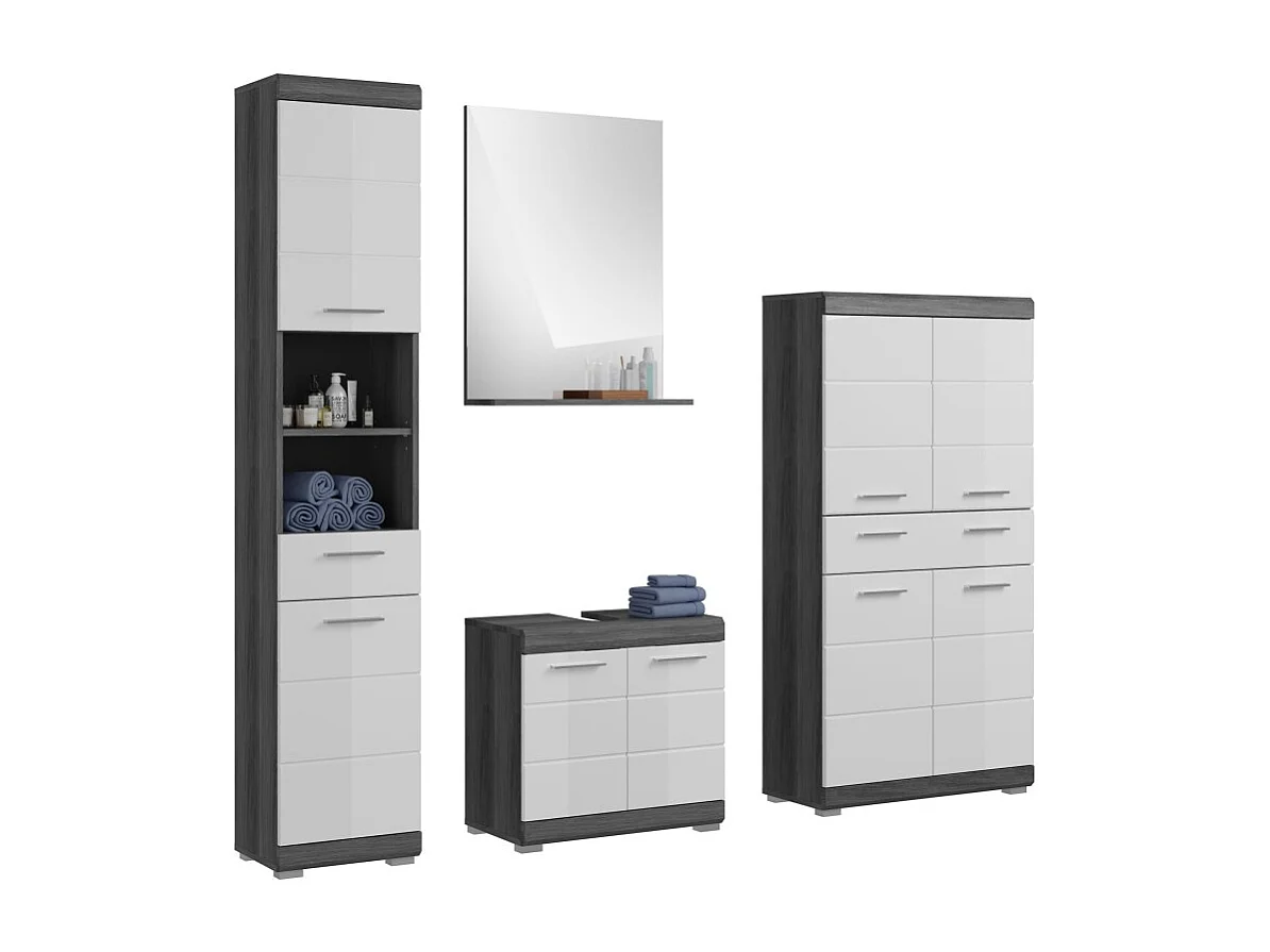 Conjunto para baño SCOTT – Mueble bajo lavabo, espejo, mueble de almacenaje y columna – Gris oscuro y blanco