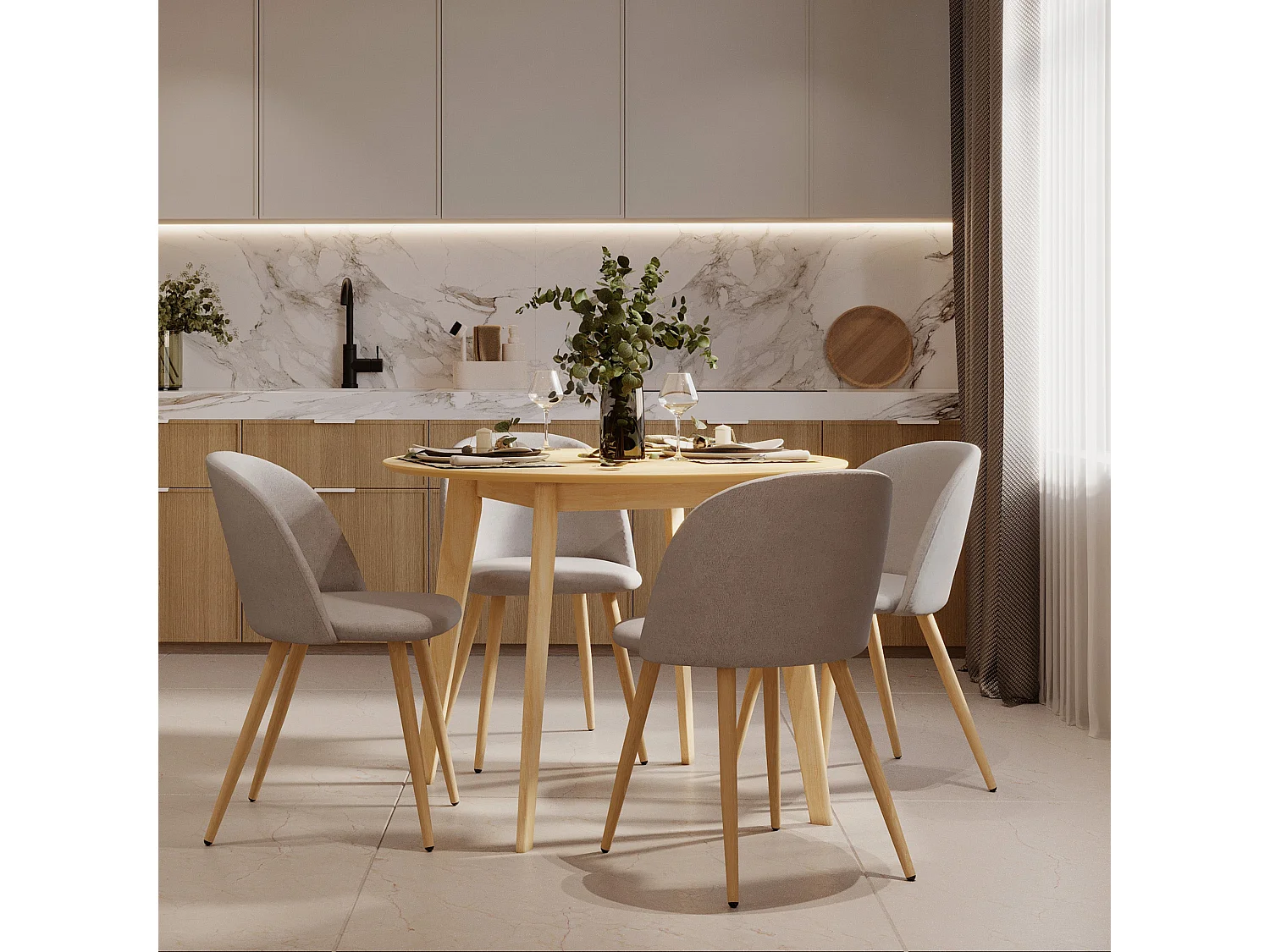 Table et chaises 4 personnes en tissu taupe et bois - Réno