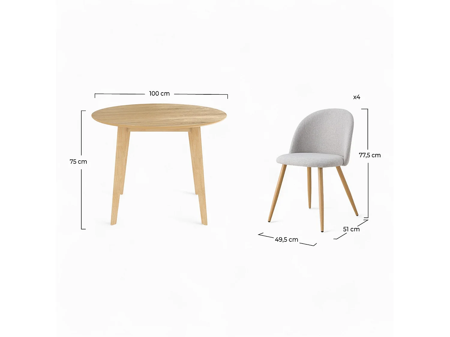 Table et chaises 4 personnes en tissu taupe et bois - Réno