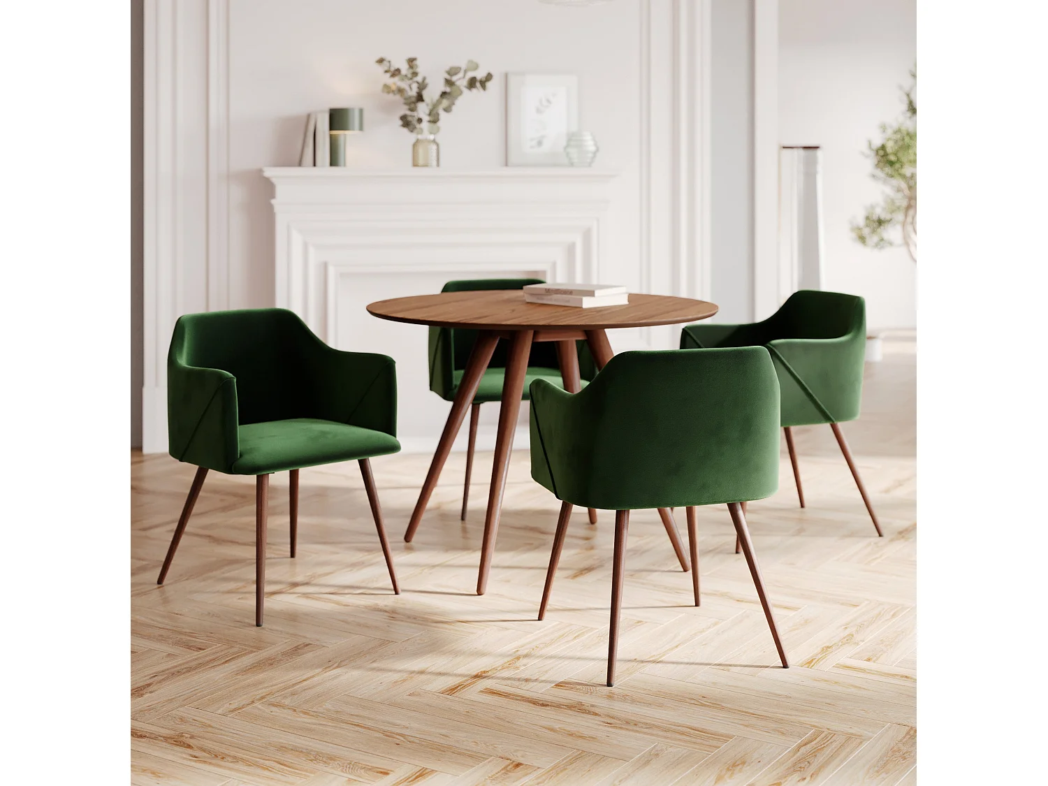 Table et chaises 4 personnes en velours vert et bois - Liwa