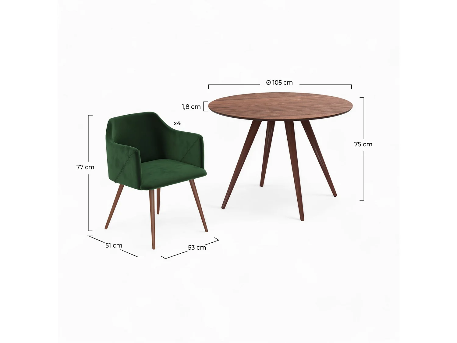 Mesa y sillas para 4 personas de terciopelo verde y madera - Liwa