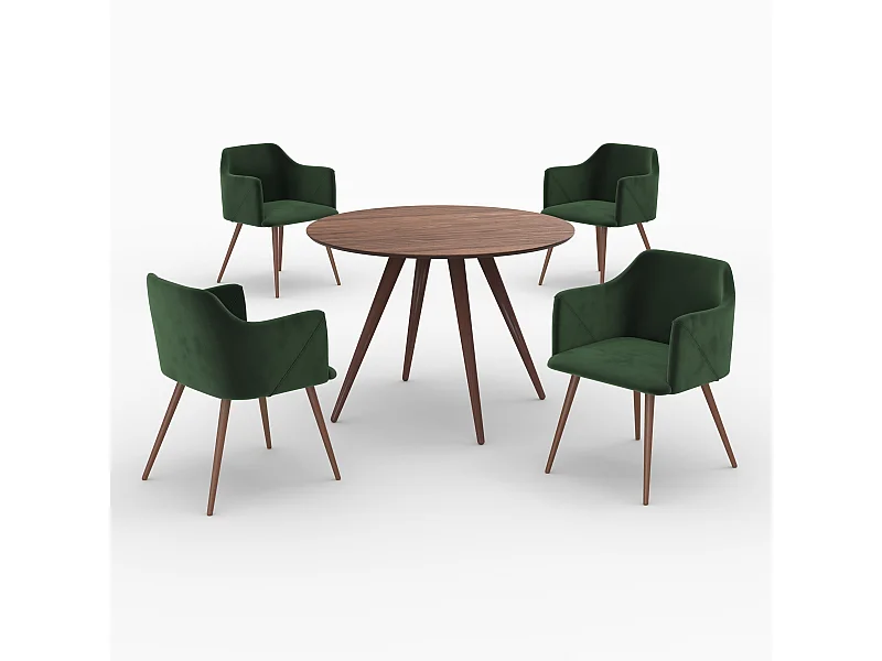 Table et chaises 4 personnes en velours vert et bois - Liwa